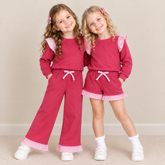 Sibling Baby Girls Kids Long Sleeves Shirts Pockets Shorts Pants Cotton Sets Hot Pink Clothes RTS