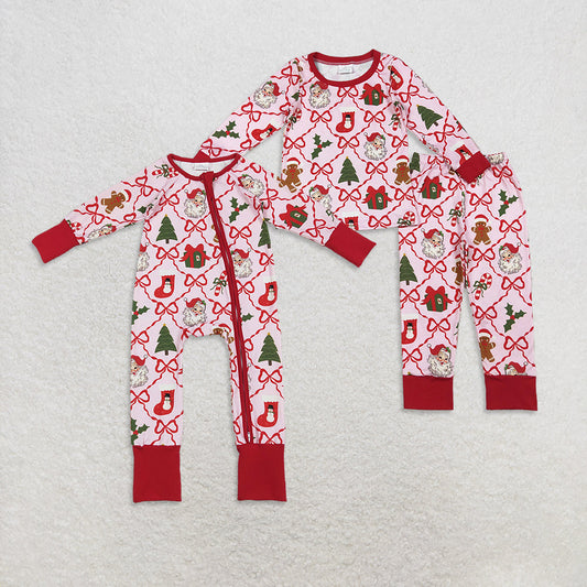 Sibling Baby Girls Bows Santa Socks Checked Top Pants Christmas Pajamas Sets Zipper Rompers