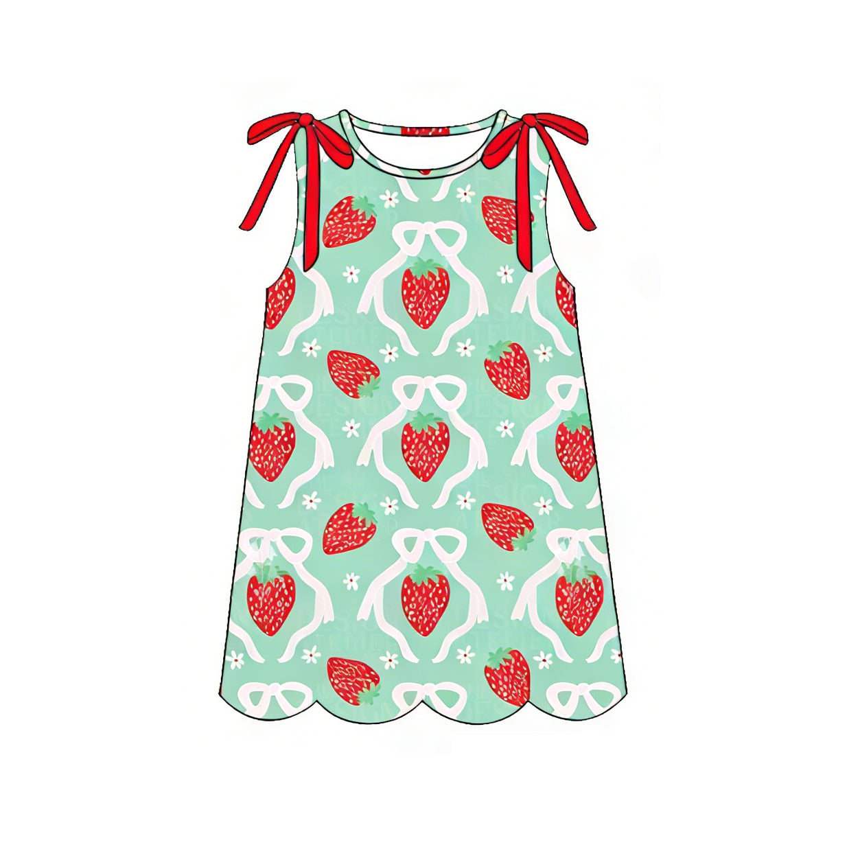 ( Moq 5 )  Preorder Baby Girls Kids Sleeveless Strawberry Bows Scallop Knee Length Dress