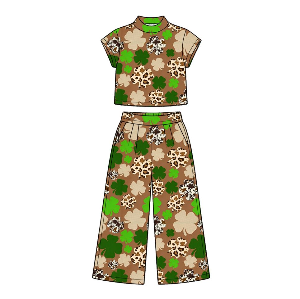 ( Moq 5 ) Preorder Baby Girls Kids Leopard Clovers Shirt Pockets Pants Set St Patrick Clothes