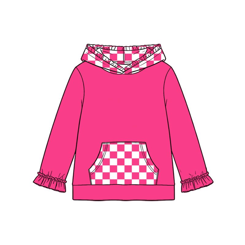 ( Moq 5 ) Preorder Baby Girls Kids Long Sleeves Hoodie Checked Pocket Pullover Tops Clothes