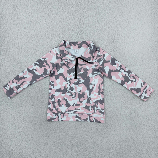 Baby Girl Long Sleeves Camo Zipper Pocket Pink Yoga Pullover Shirt RTS