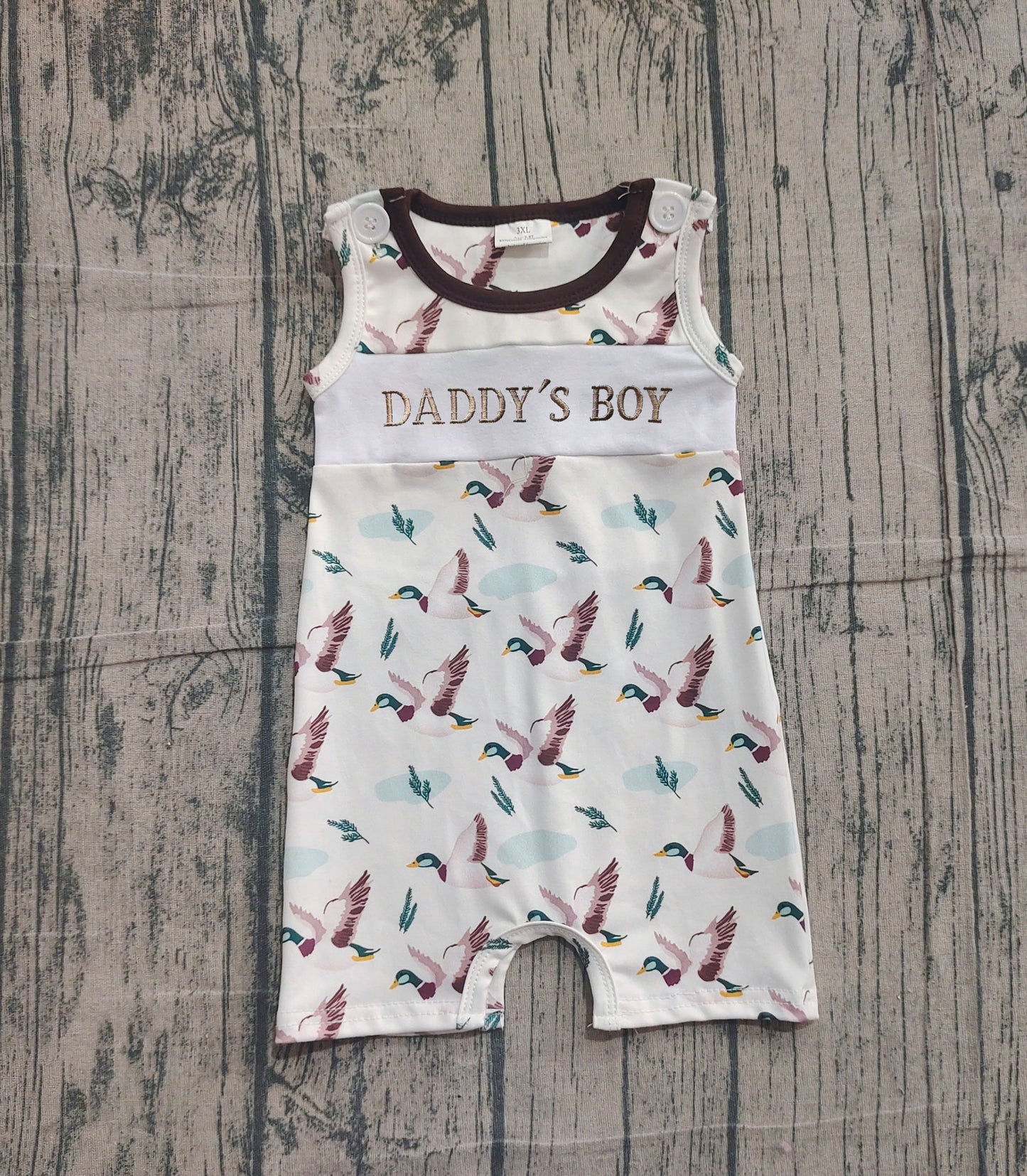 ( No moq ) Preorder Baby Kids Embroidery Daddy's Boy Ducks Buttons Smocked Romper