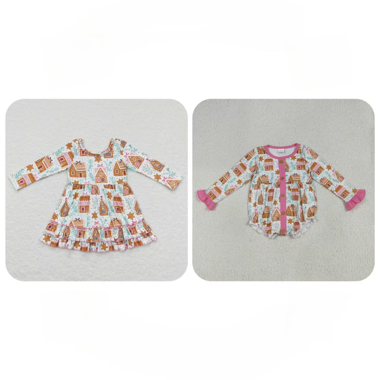 Sibling Baby Girl Long Sleeves Christmas Cake House Sibling Romper Dress Clothes RTS
