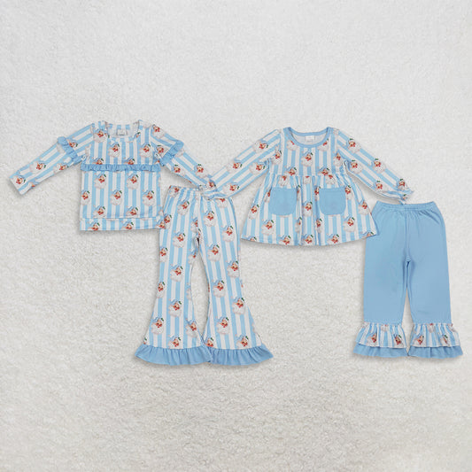 Sibling Baby Girls Kids Long Sleeves Christmas Santa Blue Stripes Tops Pants Sets Clothes RTS