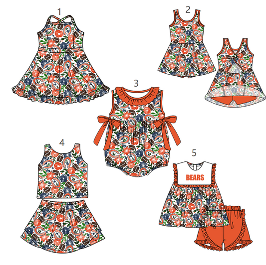 ( Moq 5 Each Style ) Baby Girls Kids Sleeveless Football Flower Orange Bows Sibling Romper Dresses Sets