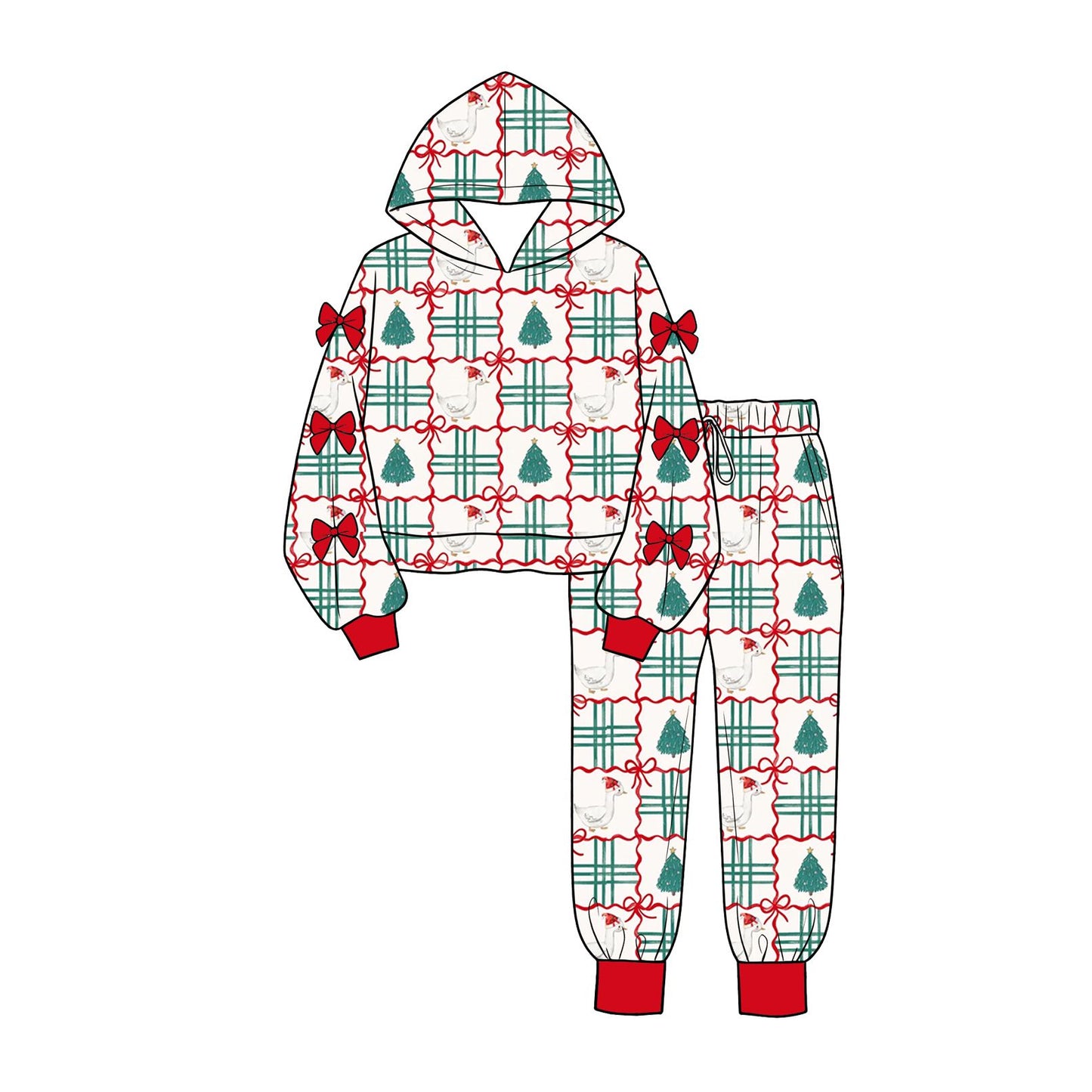( Moq 5 ) Preorder Baby Girls Kids Christmas Tree Goose Bows Hoodie Pullover Pockets Pants Set Clothes