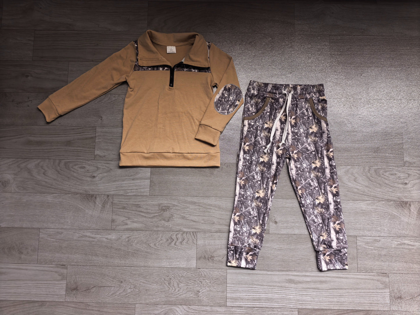 ( No moq ) Preorder Baby Boys Long Sleeves Zipper Pullover Leaves Pockets Jogger Pants Set Clothes
