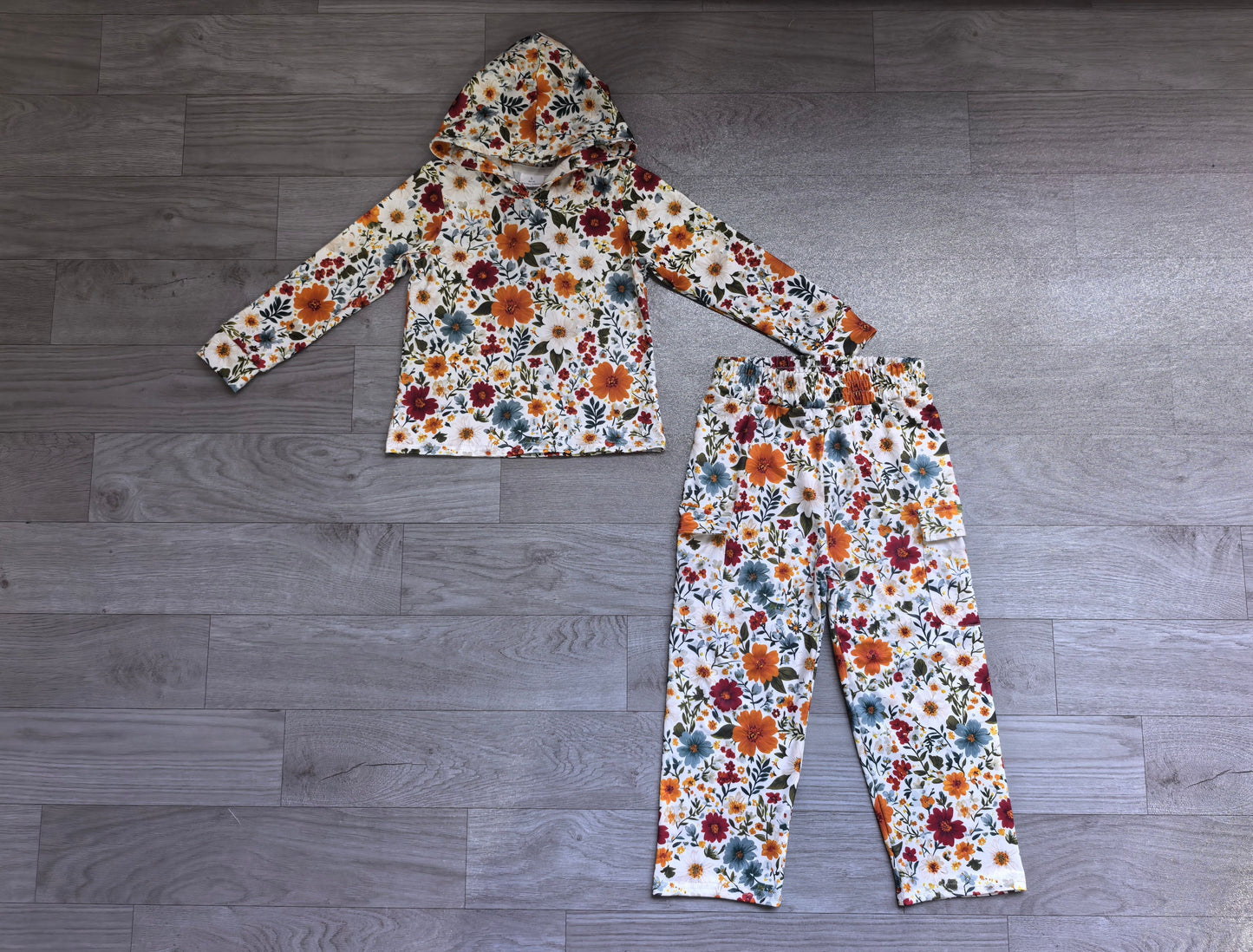 ( No moq ) Preorder Baby Girls Kids Flower Long Sleeves Hoodie Shirt Pockets Pants Set Clothes