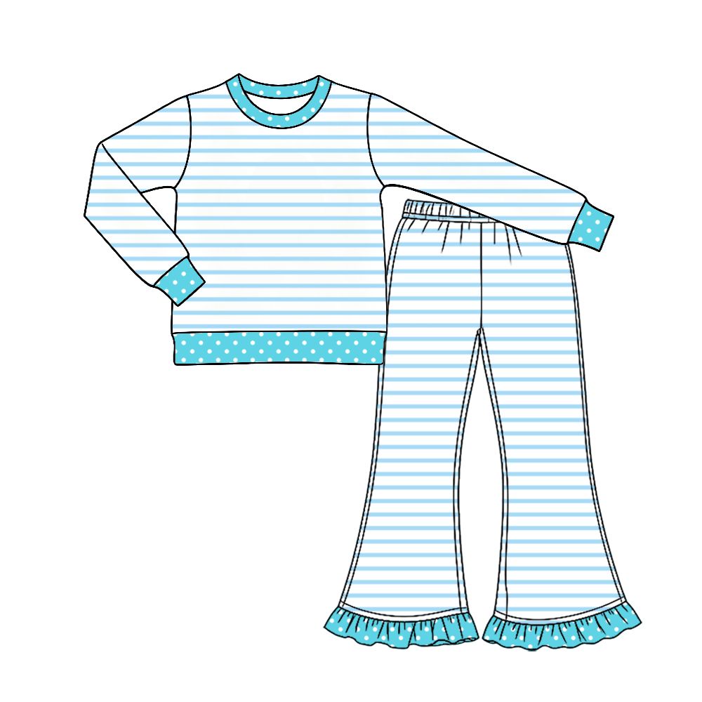 ( Moq 5 ) Preorder Baby Girls Kids Long Sleeves Blue Stripes Shirt Ruffle Pants Set Clothes