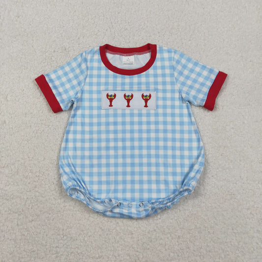 Baby Boys Infant Short Sleeves Embroidery Crawfish Blue Plaid Bubble Romper RTS
