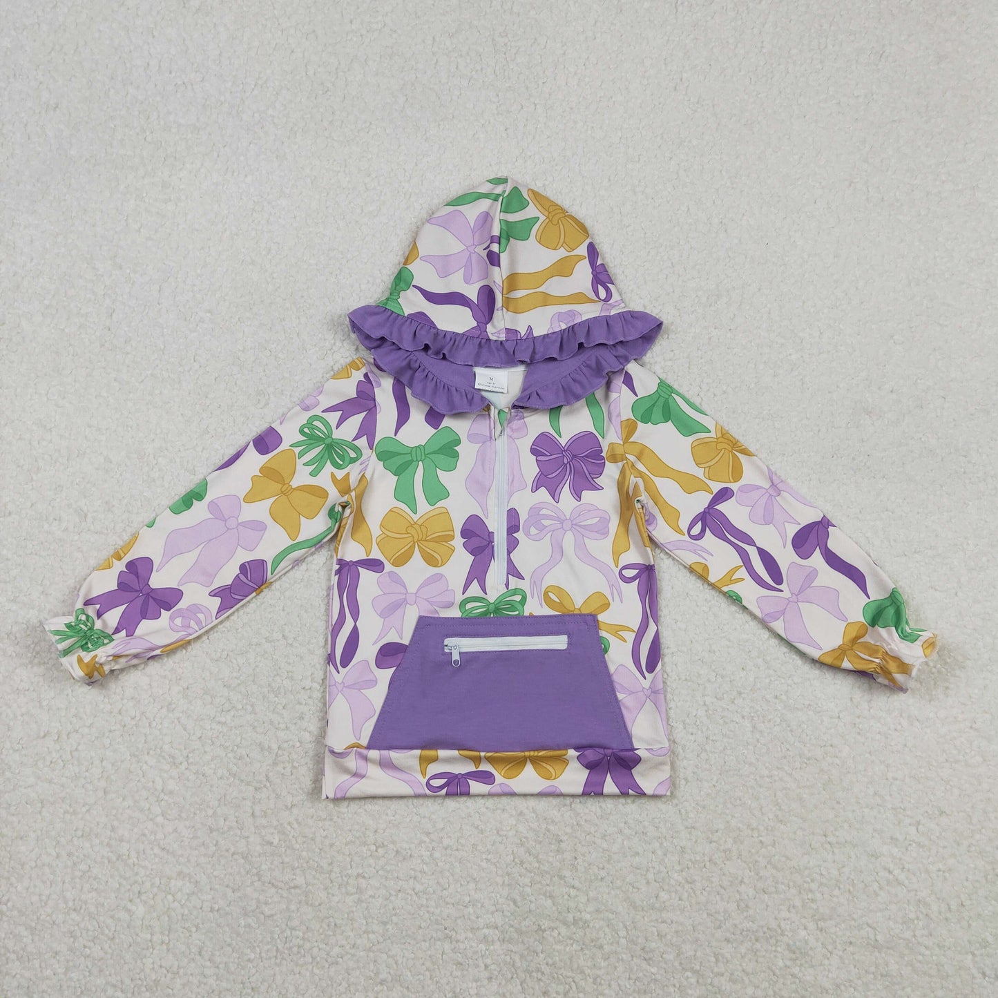 Baby Girls Kids Bows Zipper Pocket Hoodie Mardi Gras Pullover Shirt RTS