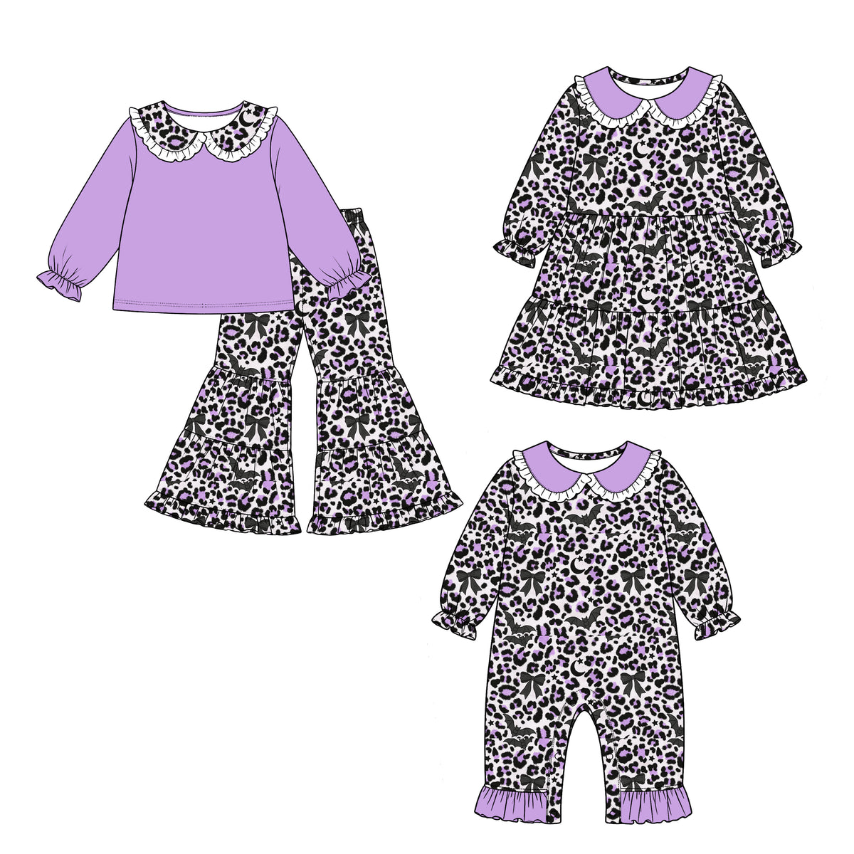 ( Moq 5 Each Style ) Baby Girls Kids Bats Leopard Bows Halloween Sibling Romper Dress Set Clothing