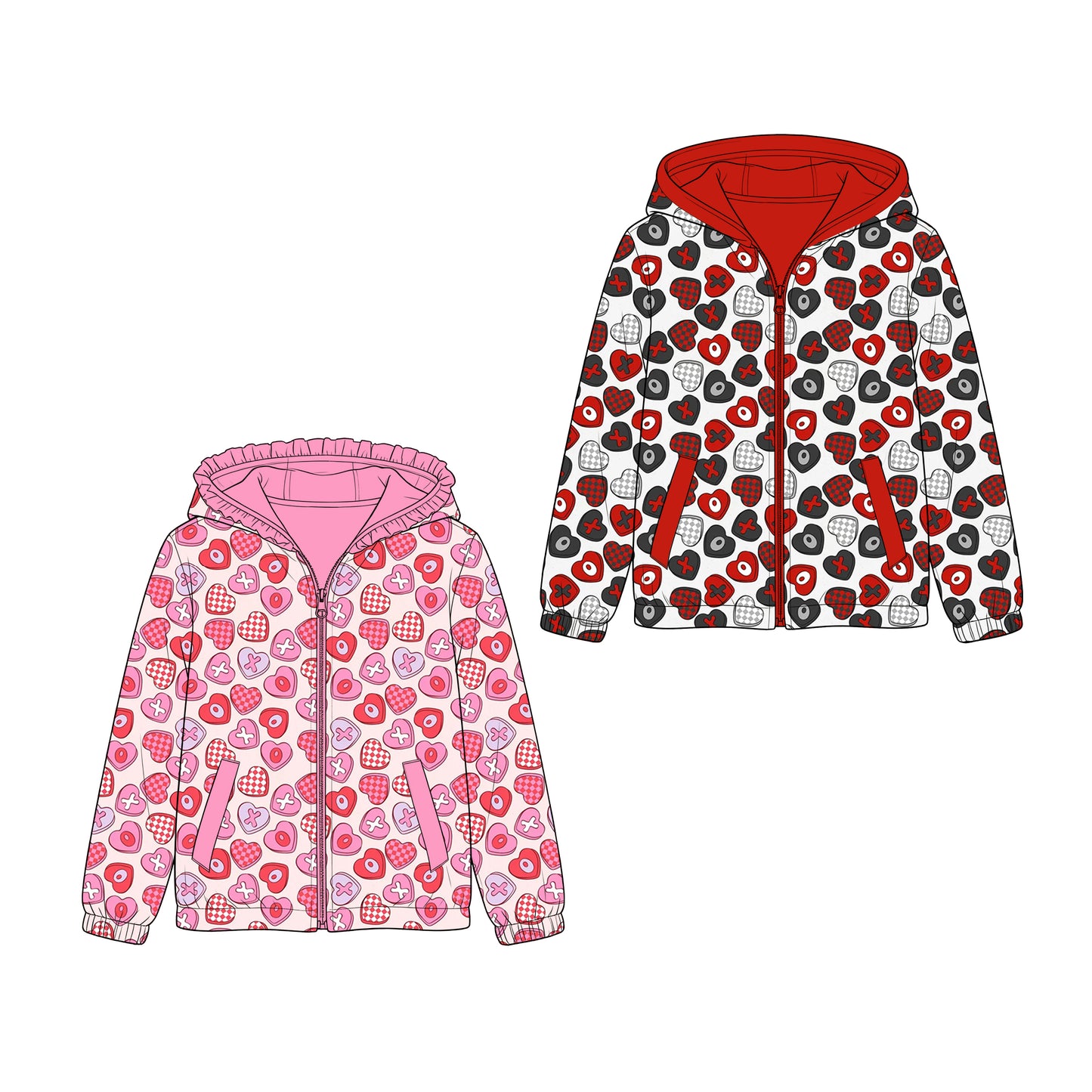 ( Moq 5 Each Style ) Baby Girls Kids Valentine Heats Pockets Zipper Hoodie Coats Tops Clothing