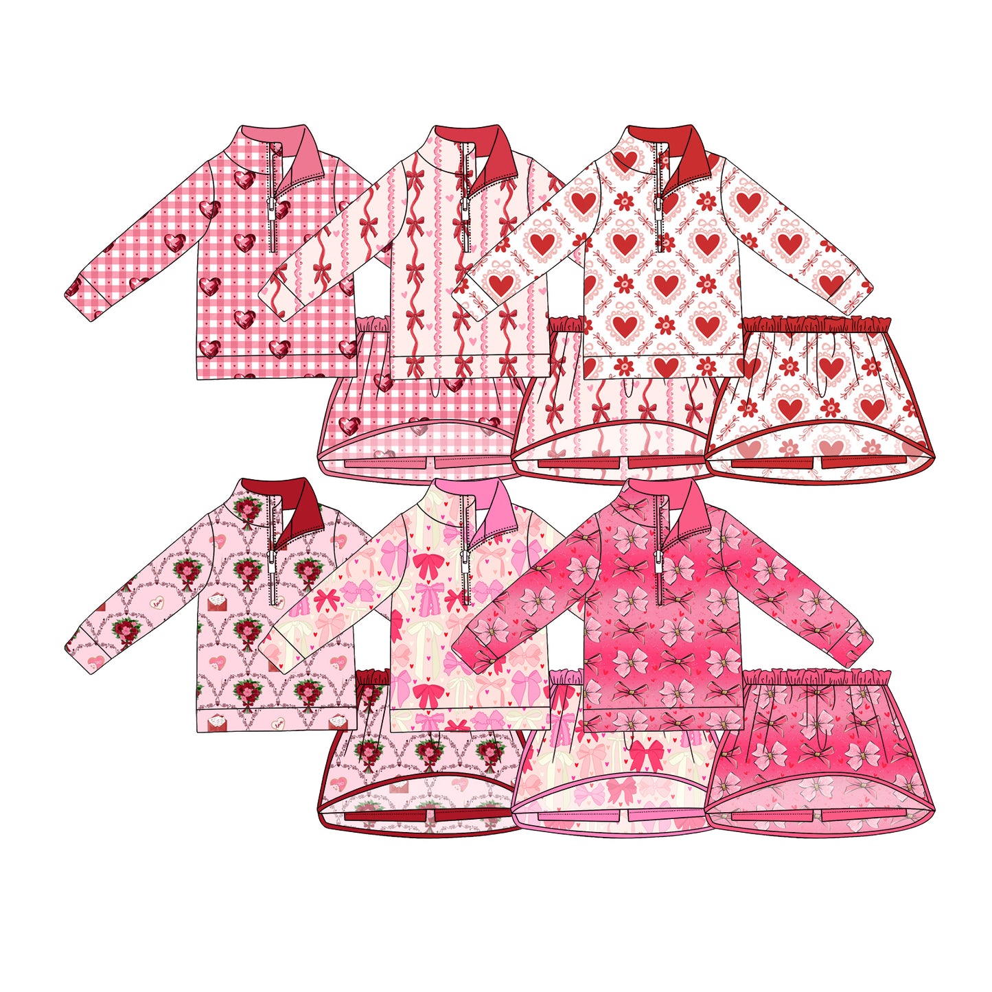 ( Moq 5 Each Style ) Sibling Baby Girls Kids Hearts Valentine Zipper Shirts Skirts Shorts Sibling Sets Clothes