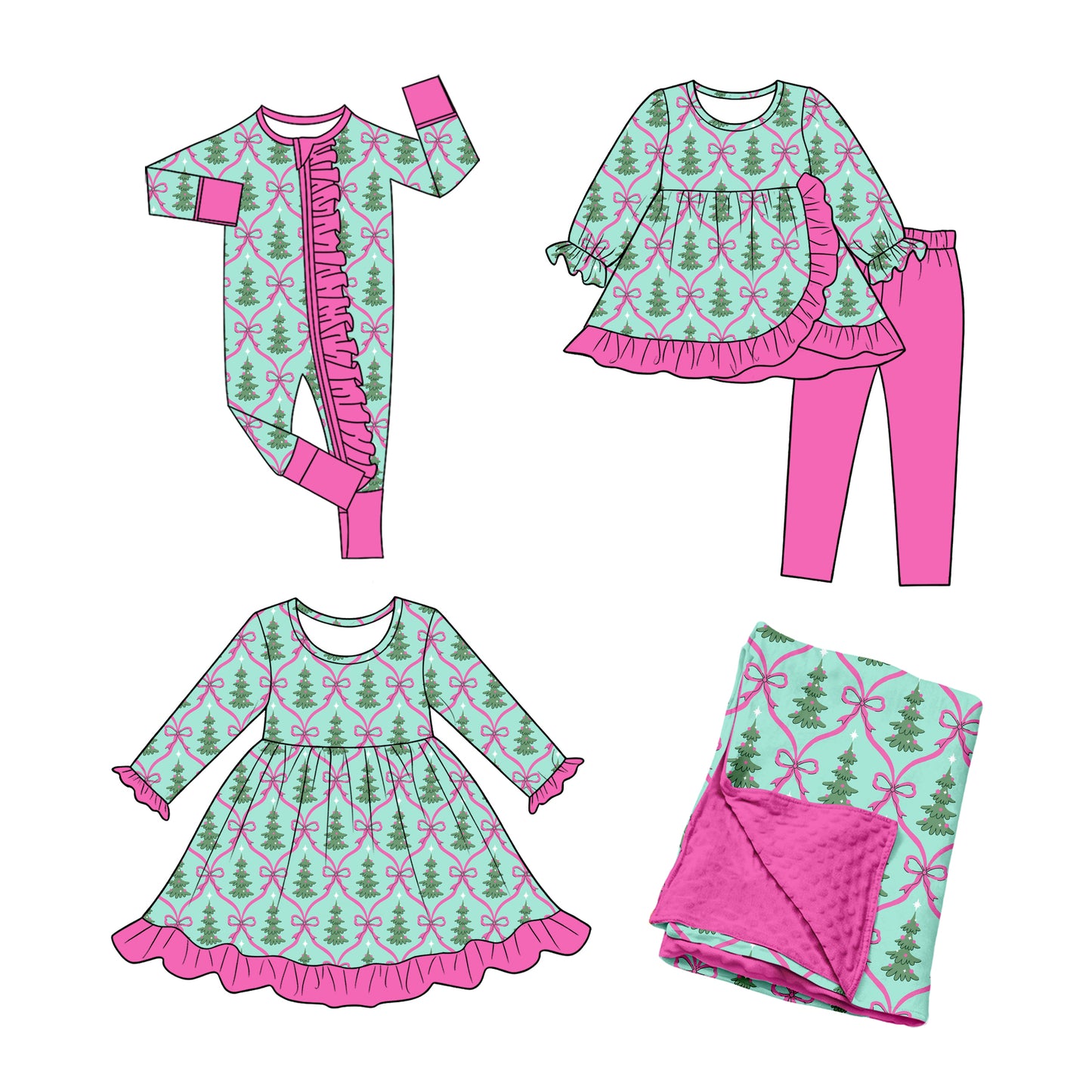 ( Moq 5 Each Style ) Baby Girls Kids Tree Bows Christmas Sibling Romper Dress Set Blanket Clothing
