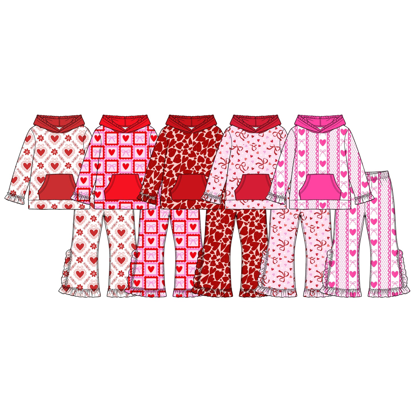 ( Moq 5 Each Style ) Sibling Baby Girls Kids Valentine Heats Bows Pockets Hoodie Pullovers Pants Sets Clothes