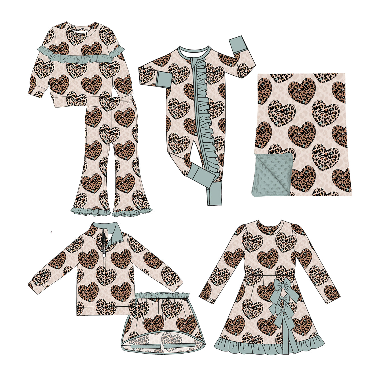 ( Moq 5 Each Style ) Baby Girls Kids Valentine Leopard Heats Sibling Romper Dress Sets Blanket Clothing