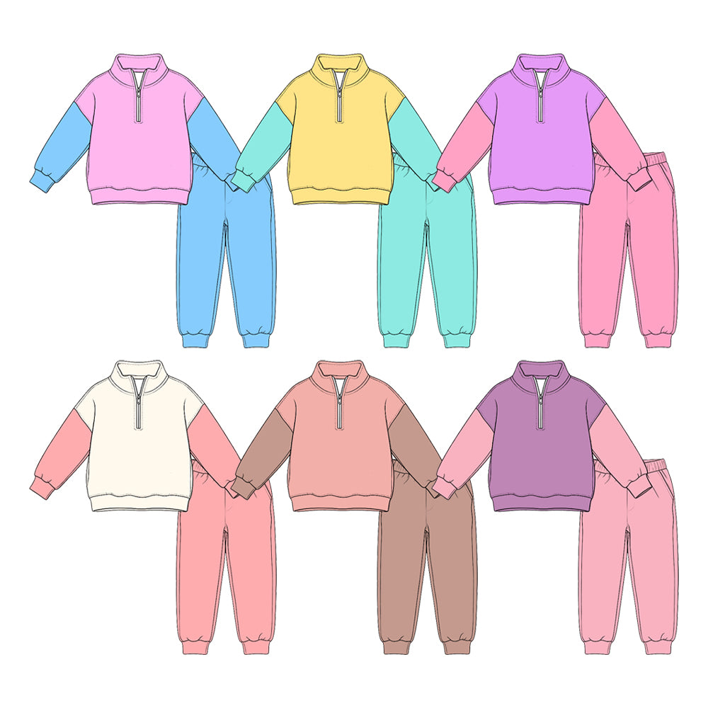 ( Moq 5 Each Style ) Sibling Baby Girls Half-Zip Pullover Shirts Pants Sibling Color Block Sets Clothes
