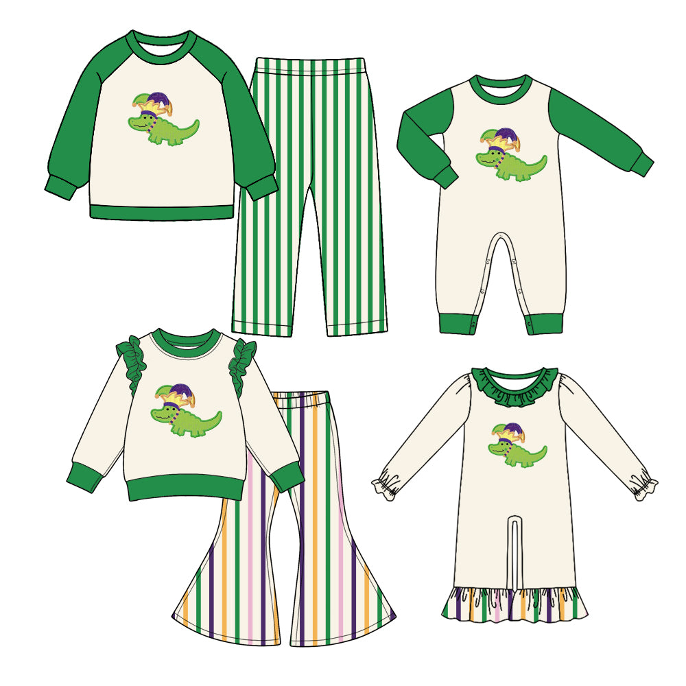 ( Moq 5 Each Style ) Baby Boys Girls Kids Long Sleeves Crocodiles Sibling Mardi Gras Rompers Sets Clothes