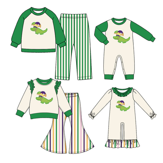 ( Moq 5 Each Style ) Baby Boys Girls Kids Long Sleeves Crocodiles Sibling Mardi Gras Rompers Sets Clothes