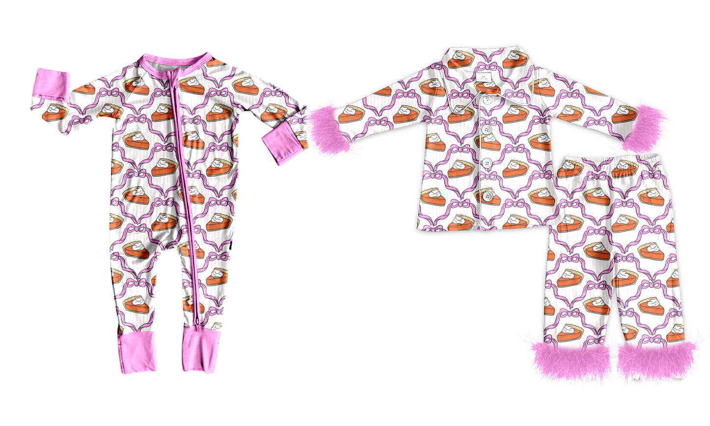 ( Moq 5 Each Style ) Sibling Baby Girls Kids Long Sleeves Pumpkin Pie Bows Fall Pajamas Romper Set Clothes