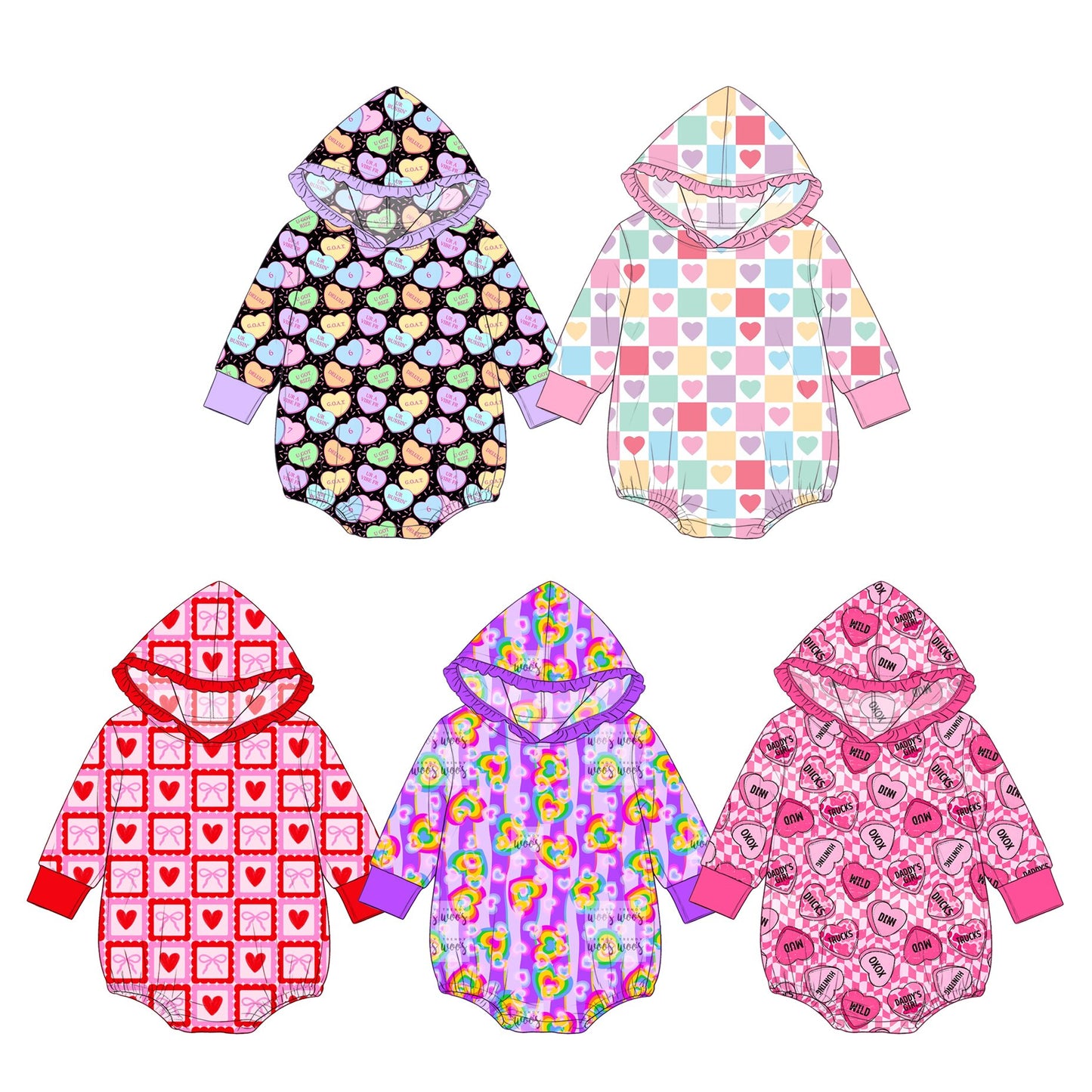 ( Moq 5 Each Style ) Sibling Baby Girls Infant Long Sleeves Valentine Hearts Hoodie Bubble Rompers Clothes