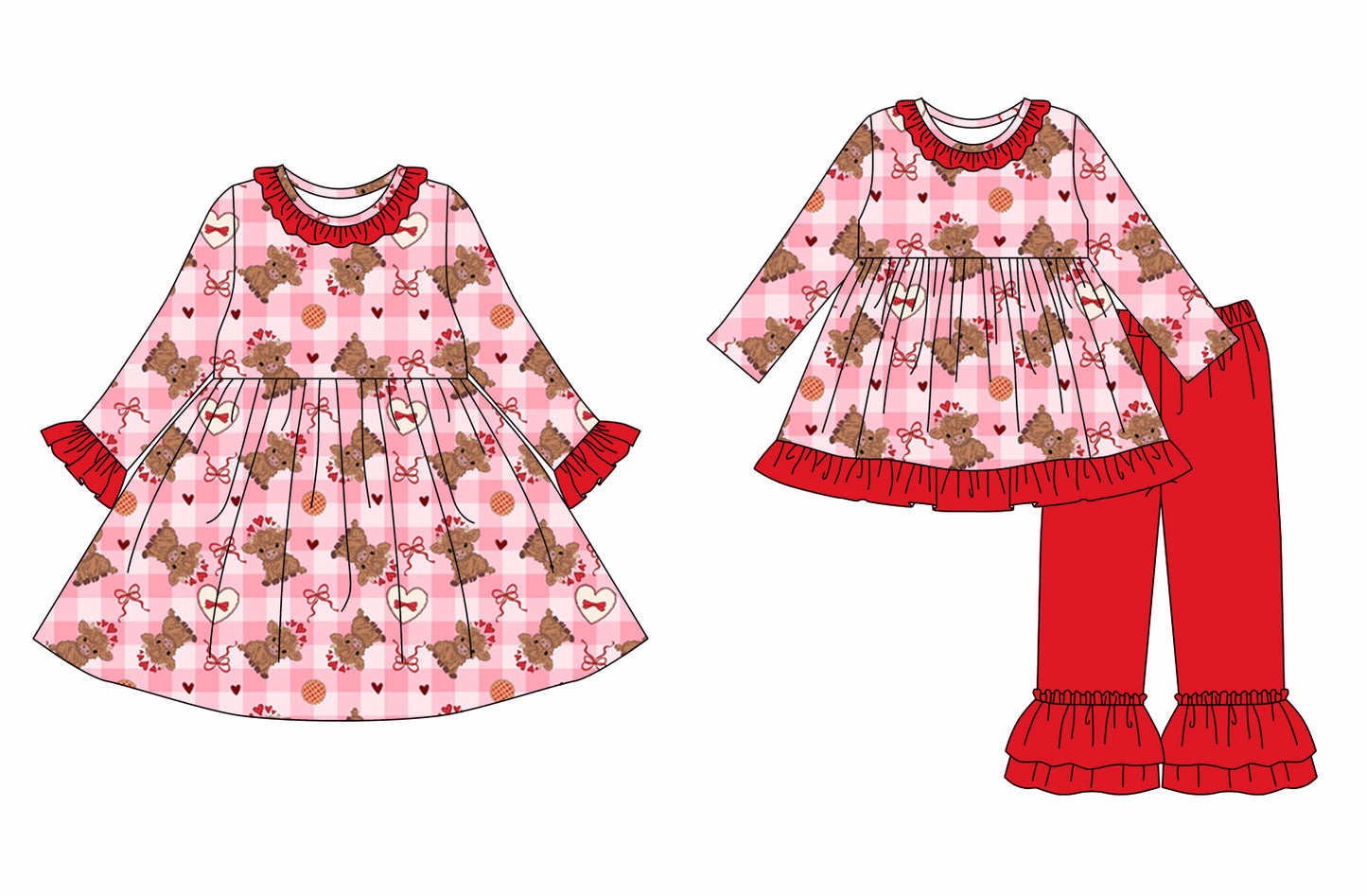 ( Moq 5 Each Style ) Baby Girls Kids Heats Valentine Cow Bows Sibling Romper Dress Set Clothing