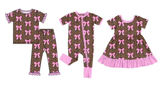 ( Moq 5 Each Style ) Sibling Baby Girls Kids Short Sleeves Bows Leopard Ruffle Dress Romper Set Clothes
