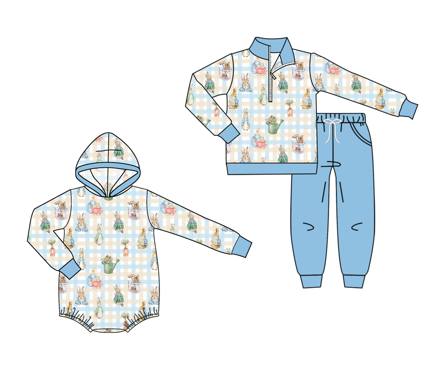 ( Moq 5 Each Style ) Sibling Baby Boys Kids Long Sleeves Easter Rabbits Romper Set Clothes