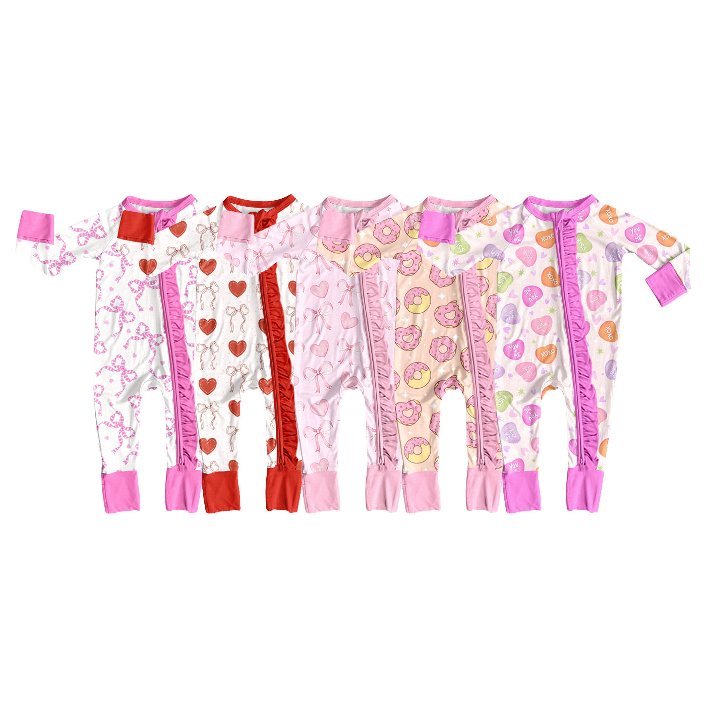 ( Moq 5 Each Style ) Sibling Baby Girls Infant Long Sleeves Valentine Hearts Bows Zipper Footie Sleeper Rompers Clothes
