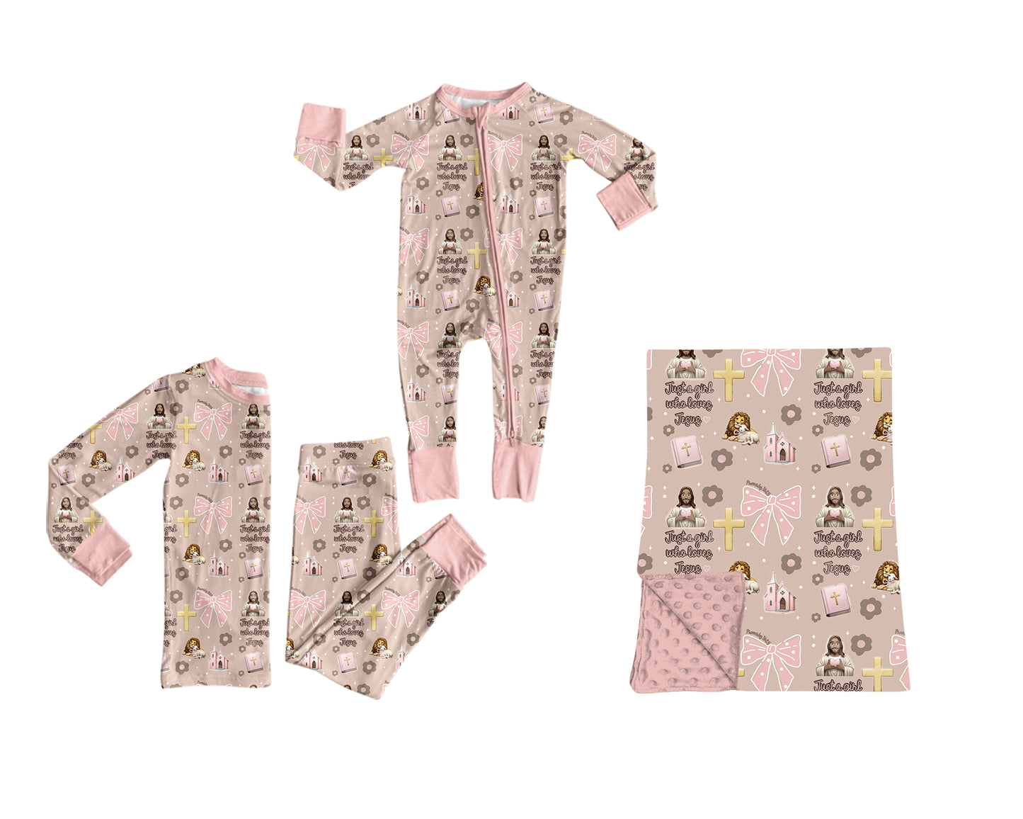 ( Moq 5 ) Sibling Baby Girls Kids Long Sleeves Bows Christian Pattern Zipper Romper Set Blanket Clothes
