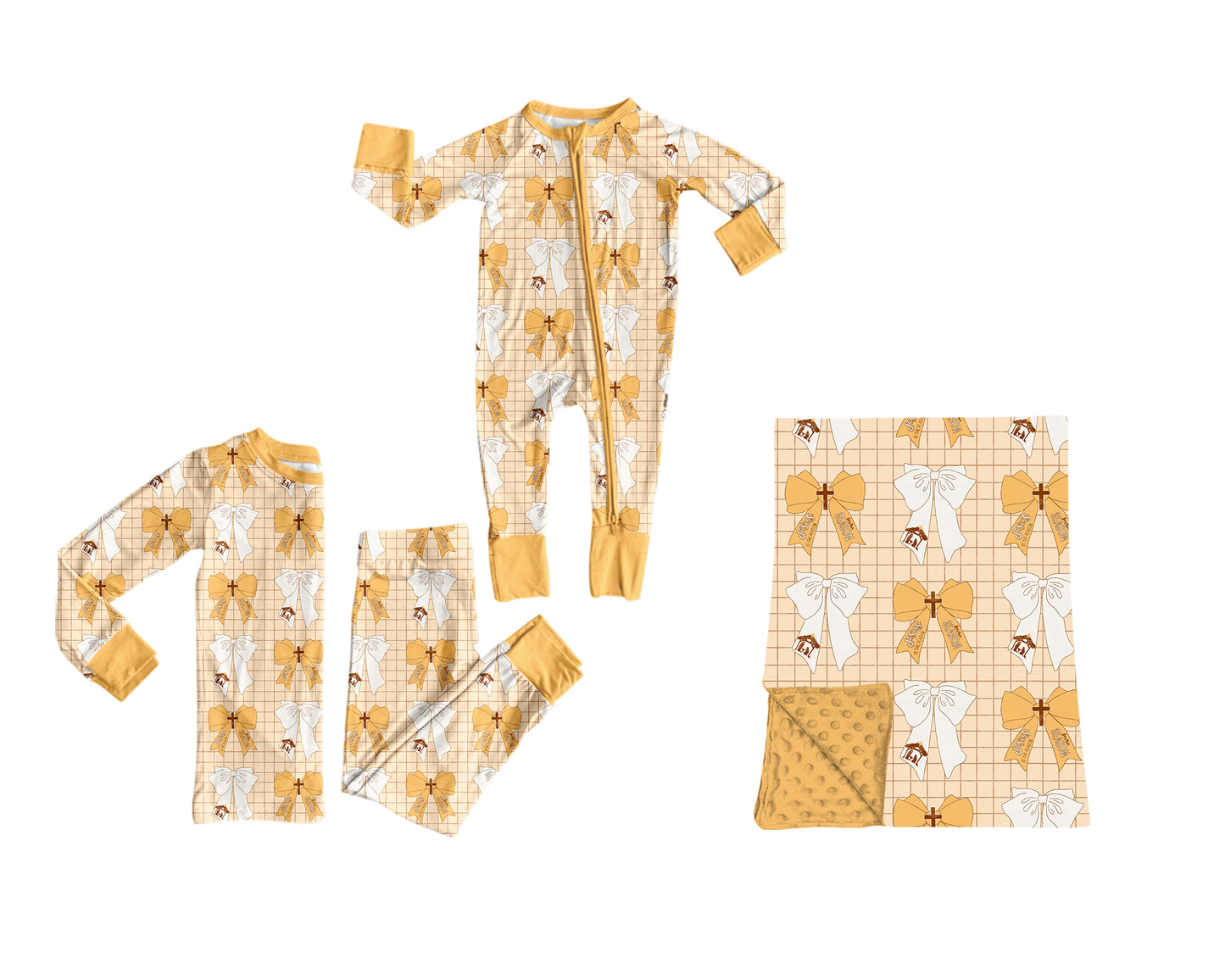 ( Moq 5 ) Sibling Baby Girls Kids Long Sleeves Bows Jesus Nativity Zipper Romper Set Blanket Clothes