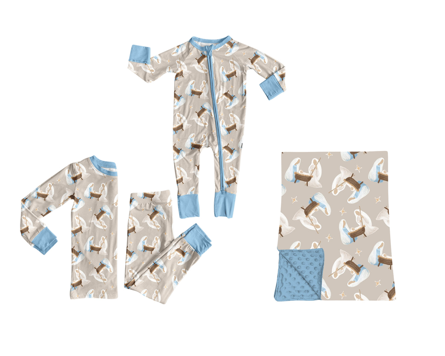( Moq 5 ) Sibling Baby Boys Kids Long Sleeves Jesus Nativity Zipper Romper Set Blanket Clothes