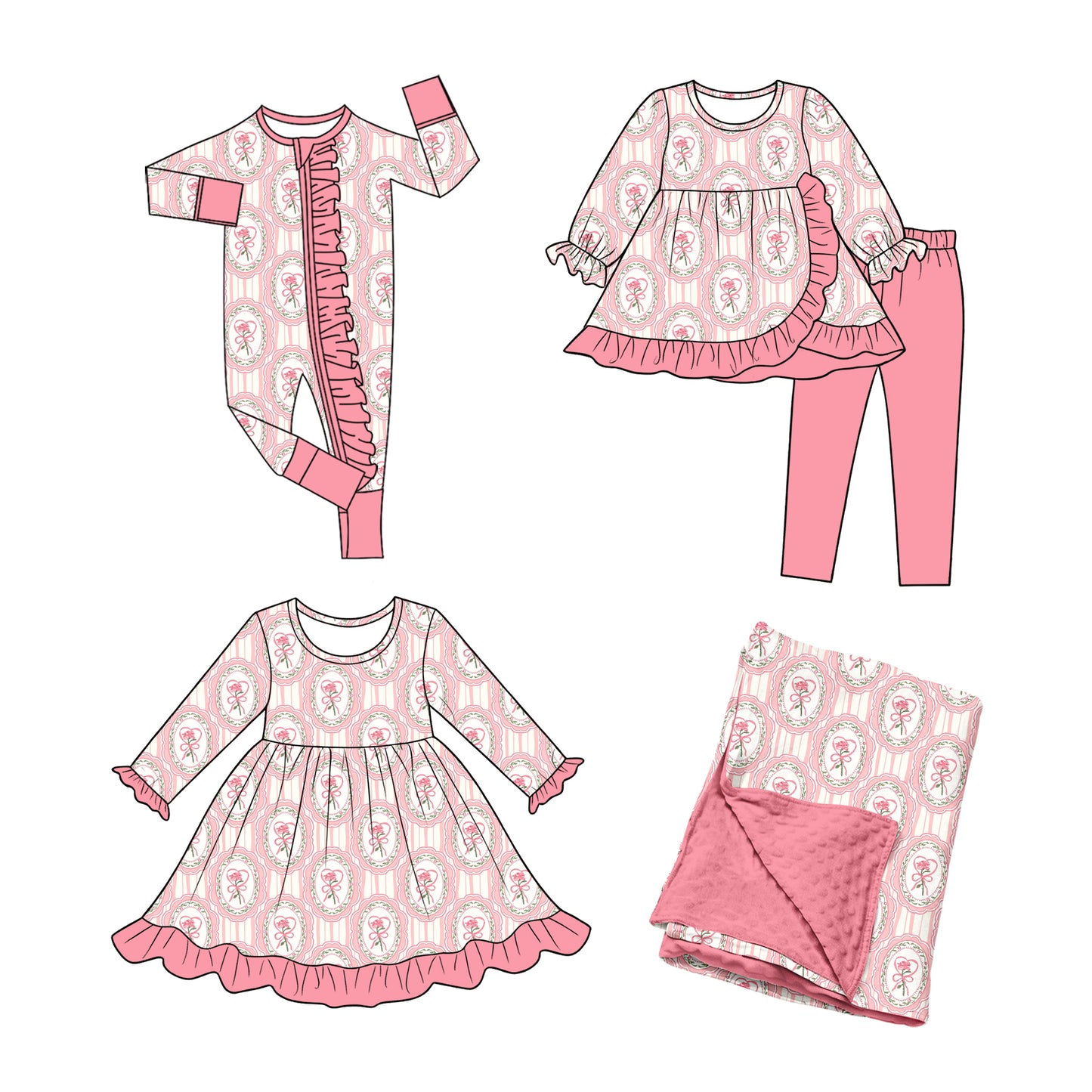 ( Moq 5 Each Style ) Baby Girls Kids Flower Bows Valentine Sibling Romper Dress Set Blanket Clothing