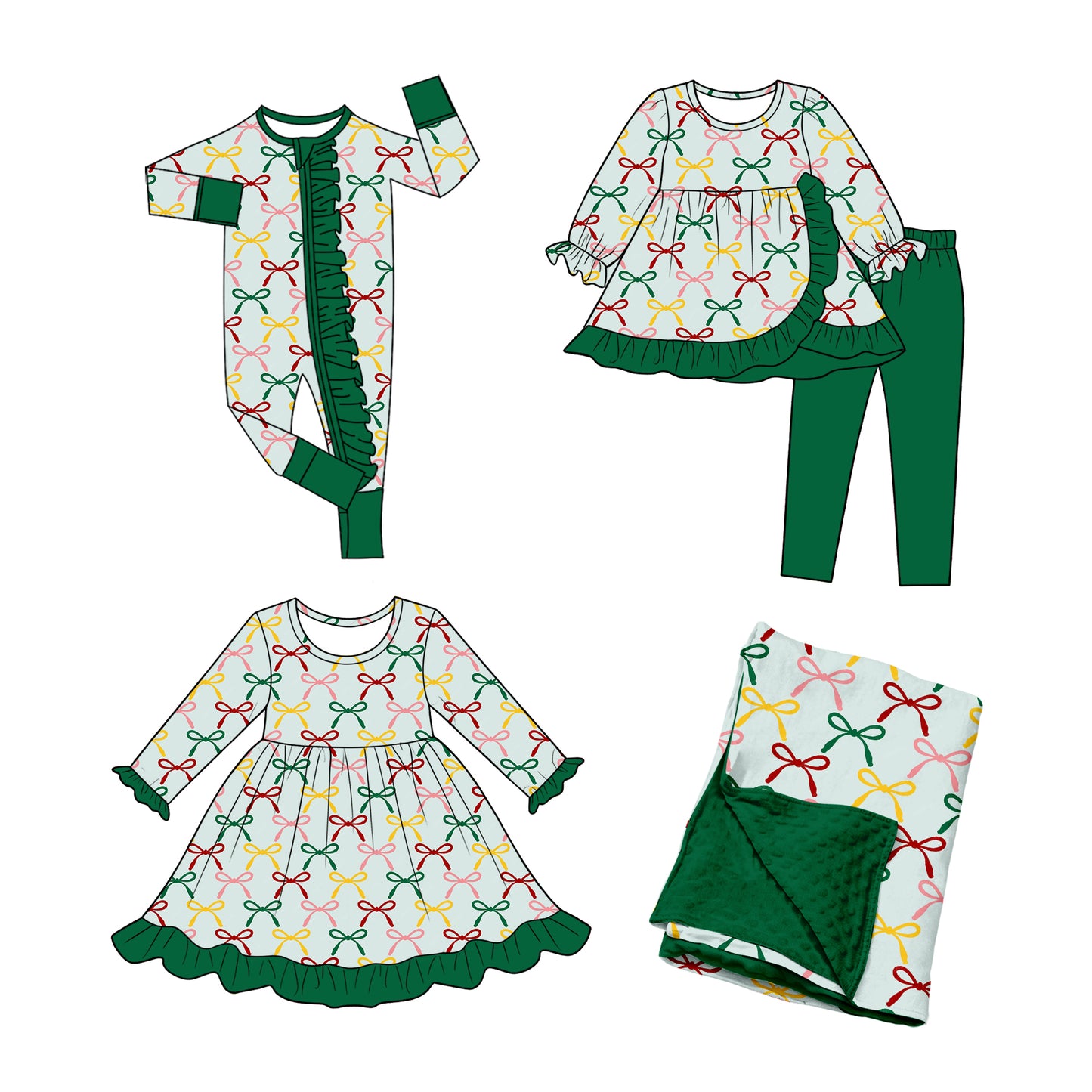 ( Moq 5 Each Style ) Baby Girls Kids Bows Sibling Green Romper Dress Set Blanket Clothing