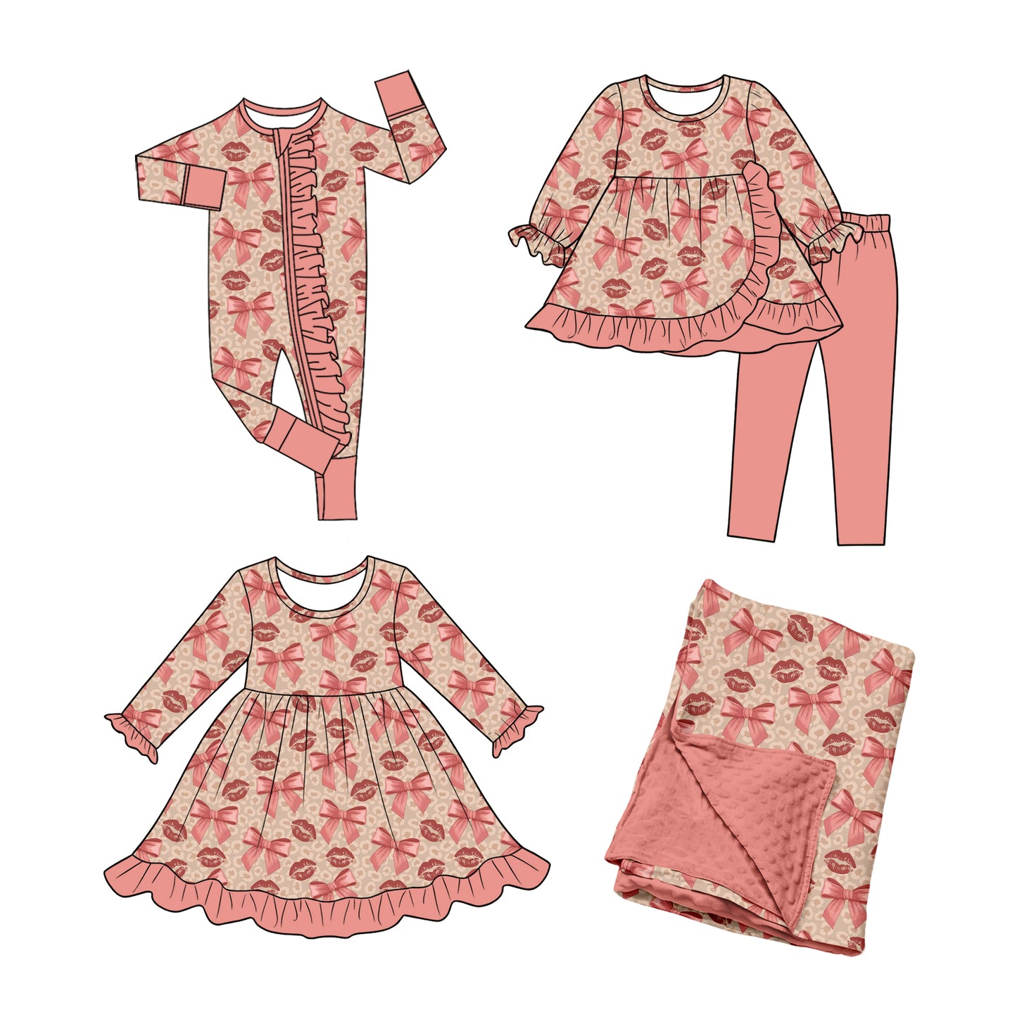 ( Moq 5 Each Style ) Baby Girls Kids Bows Sibling Pink Romper Dress Set Blanket Clothing