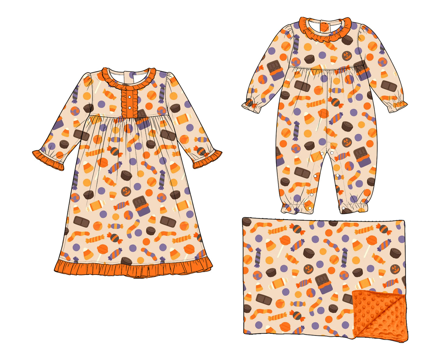 ( Moq 5 Each Style ) Baby Girls Kids Halloween Candy Sibling Romper Knee Length Dress Blanket Clothing