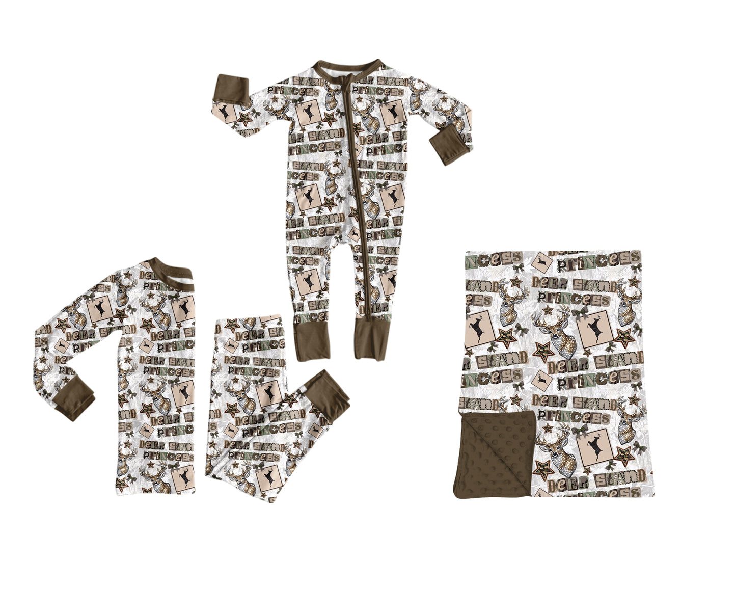 ( Moq 5 ) Sibling Baby Boys Kids Bows Deer Hunting Zipper Romper Set Blanket Clothes