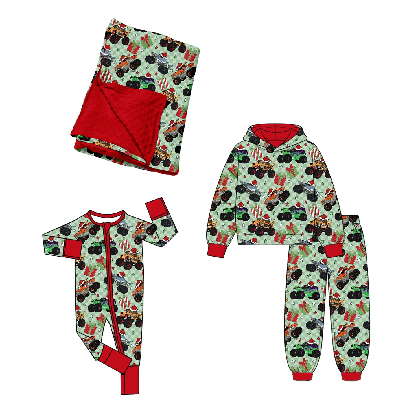 ( Moq 5 ) Sibling Baby Boys Kids Long Sleeves Trucks Christmas Zipper Romper Set Blanket Clothes