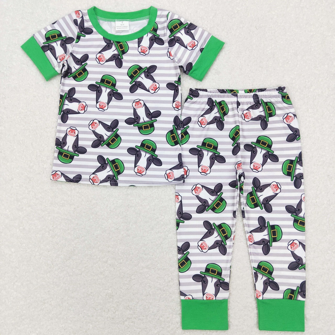 BSPO0279 St. Patrick's Day Baby Boy Short Sleeves Cow Stripes Shirt Pants Pajamas Green Set