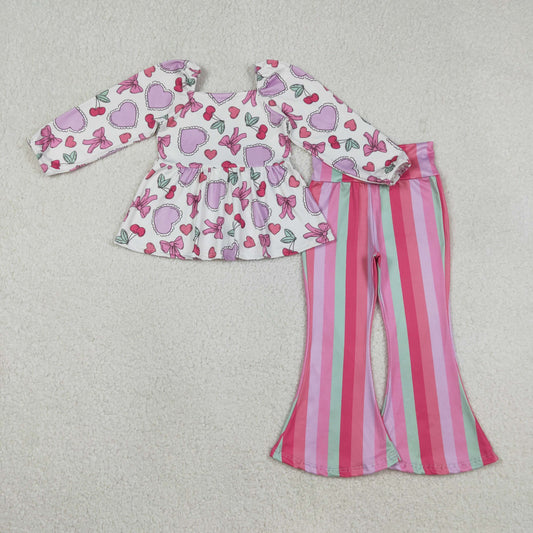 Baby Girls Long Sleeves Hearts Bows Tops Stripes Pants Valentine Clothes Set RTS