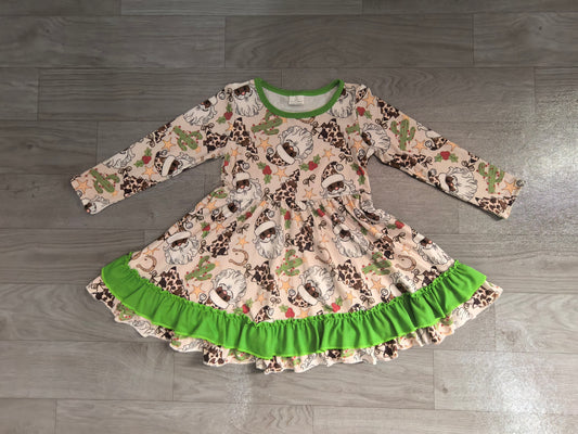 ( No moq ) Preorder Baby Girl Long Sleeves Santa Cactus Christmas Green Ruffle Dress