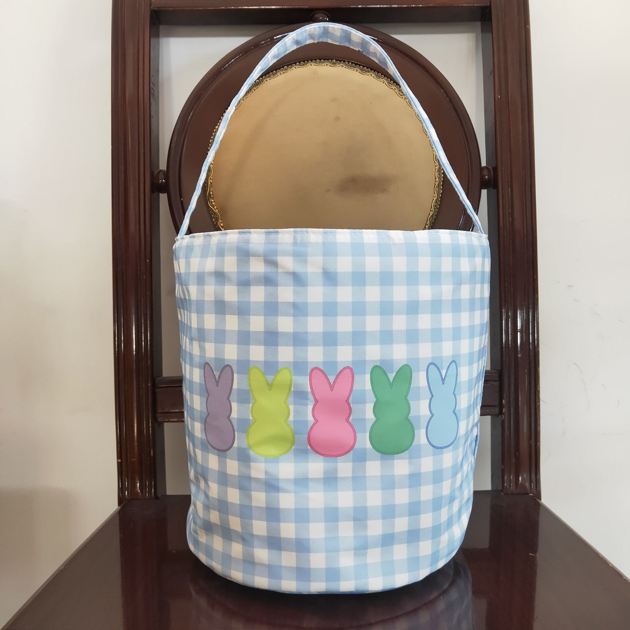 BA0161 Baby Boy Blue Checkered Baskets Easter Rabbit Bag