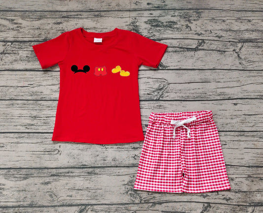 No moq Pre-order BSSO0416 Baby Boy Mouse Red Shirt Plaid Shorts Embroidery Set