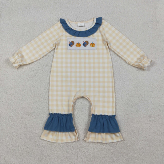 Baby Girl Long Sleeves Embroidery turkey Pumpkins Plaid Ruffle Thanksgiving Fall Romper RTS