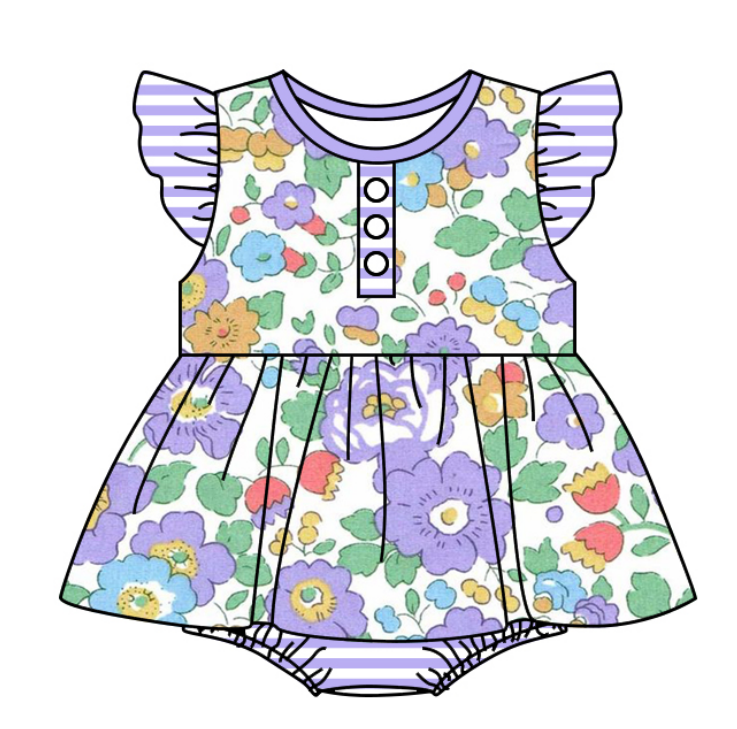 Baby Girl Short Sleeves Flower Purple Sibling Romper Dress Clothes Set ( Moq 5 Each Design )