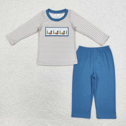 Baby Boy Girl Toddler Embroidery Ducks Stripes Sibling Romper Set Clothes RTS
