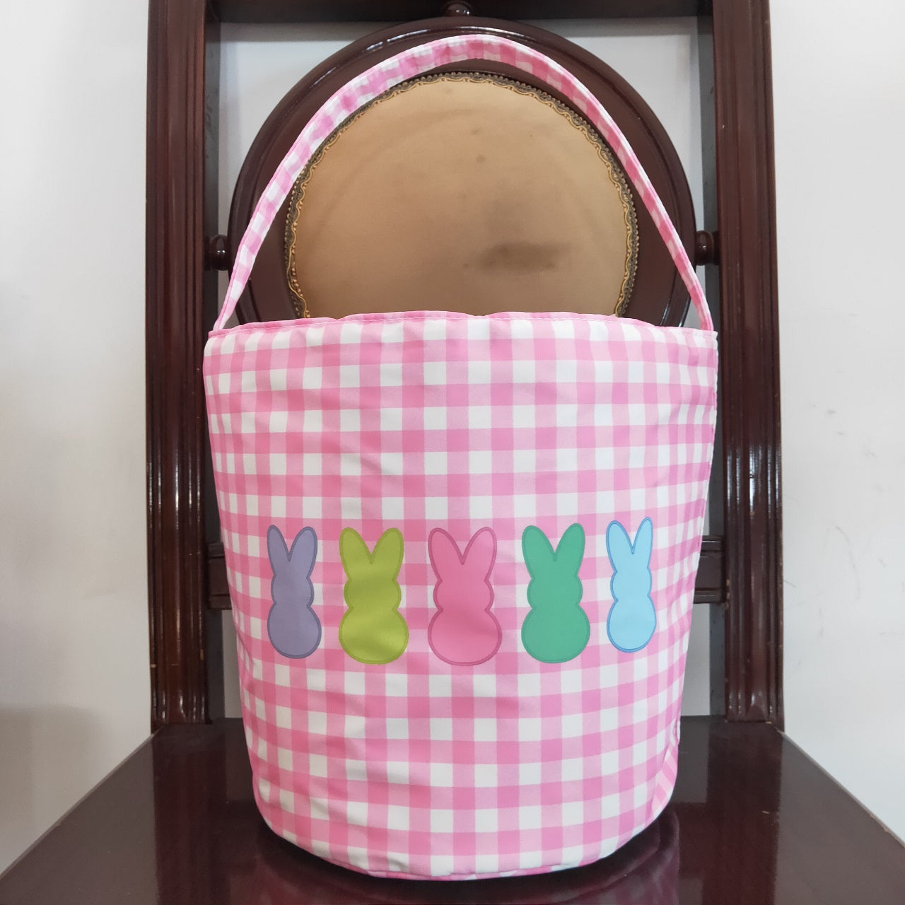 BA0161 Baby Girl Pink Checkered Baskets Easter Rabbit Bag