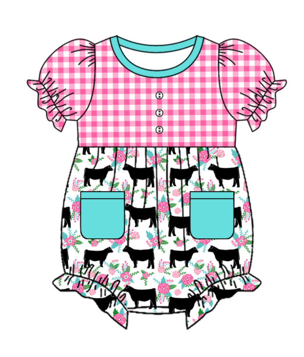 Baby Girl Short Sleeves Flower Cow Plaid Sibling Romper Dress Clothes Set ( Moq 5 Each Design )11.19
